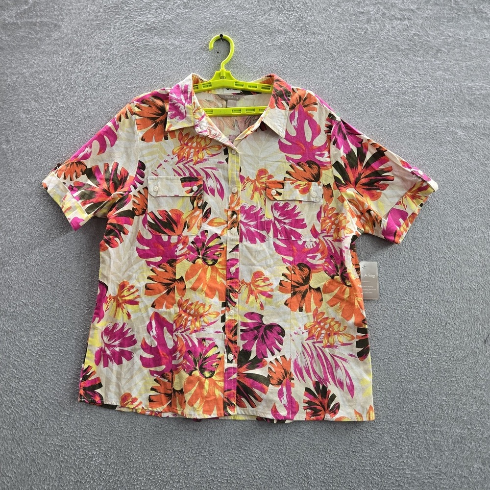 White Stag Women Button Up Shirt 2XL Pink Leaf Print Linen Blend Camp NWT